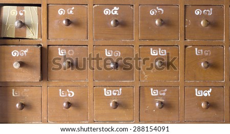 Apothecary cabinet drawers isolated clipping path, Box Theater risk in Thailand.