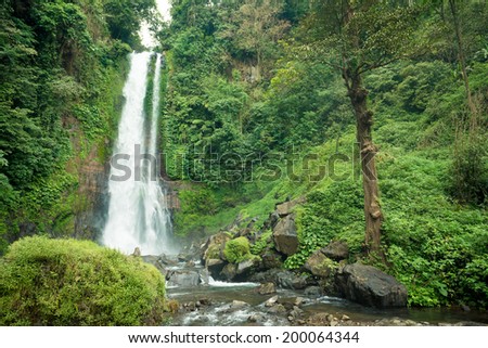 Beautiful tall waterfall deep in Bali jungle