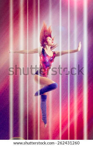 Young beautiful futuristic dancer woman flying in rays of light