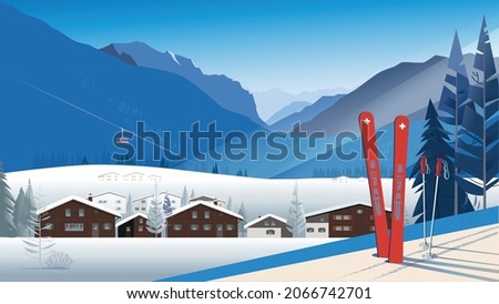 Ski resort on a bright sunny day. Panoramic view of a traditional Alpine village in front of the mountains with a cable car in the distance. Skiing in a snowdrift.