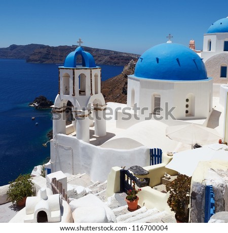 Beautiful view of famous Greek churches in the mediterranean island of Santorini.