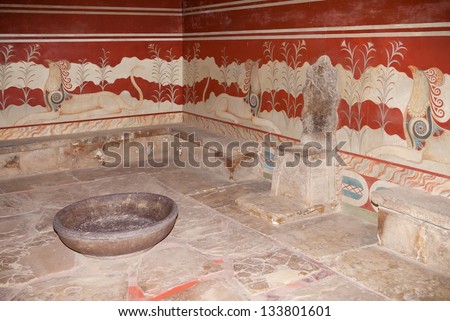 HERAKLION, GREECE - JULY 02: Detail of Throne Room from Palace of Minos at Knossos site at Heraklion in Greece at July 02, 2012. The palace was gradually built between 1700 and 1400 BC.