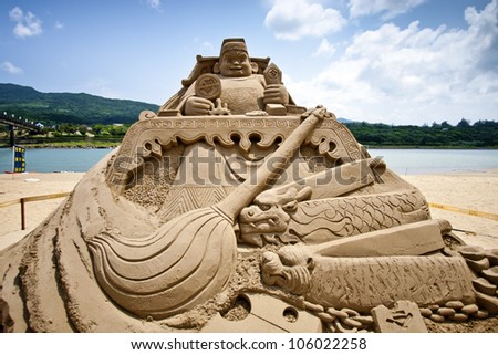 FULONG, TAIWAN-MAY 23,2012:a chinese money god sand sculpture at Fulong beach for celebrating the Sand Sculpture Festival on May 23,2012 in Fulong,Taiwan