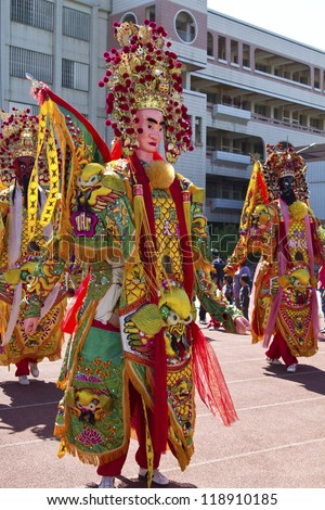 NEW TAIPEI CITY,TAIWAN -NOVEMBER 3: chinese god puppets in LuZhou elementary School for celebrating the Taiwanese Traditional Art Festival  on November 3,2012 in New Taipei City,Taiwan .