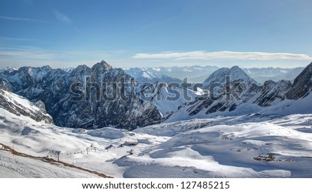 Glacier skiing: Zugspitze mountain - Top of Germany. The Zugspitze, at 2,962 meters above sea level, is the highest mountain in Germany.
