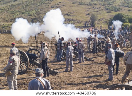 MOORPARK, CA - NOVEMBER 7: Soldiers engage in battle during a Civil War reenactment on November 7, 2009 in Moorpark, CA. The yearly reenactment honors the Americans who died during the Civil War.