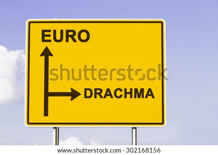 yellow european direction sign, showing the way to Euro and to the old currency Drachma. Financial concept for the greek debt crisis