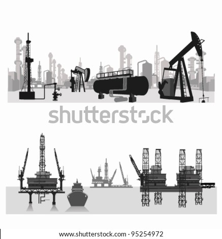  Vector illustration.Silhouettes of an oil refinery and  wells.Sea platform