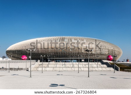 CRACOW, POLAND - MARCH 23, 2015: Tauron Arena in Krakow. Modern entertainment and sports venue. The biggest one in Poland.