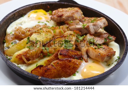 fried meat with potatoes and egg