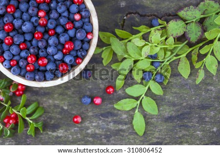 Bowl of blueberries and cranberries with a couple of green plant leaves on wooden background