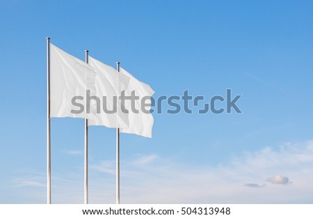 Similar – Image, Stock Photo Three flags in white, grey and blue flutter merrily on a rope, tied in the wind, in front of a red canvas tarpaulin at an event.