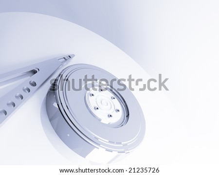Model of metal plates and reading out head of a hard disk on a neutral background