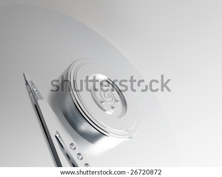 Model of metal plate and reading head of a hard disk on a neutral background