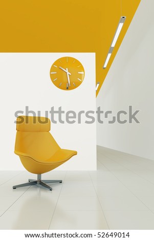 orange toned interior with moder chair and clock