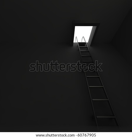 Square manhole with an aluminum ladder in darkness