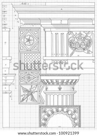 Blueprint - hand draw sketch doric architectural order based \