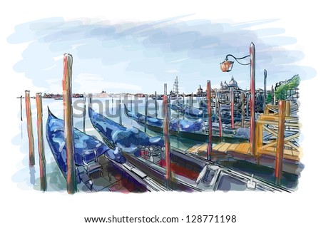 Venice. Quay Piazza San Marco. Street lamp and gondolas on the water. Bitmap copy my vector