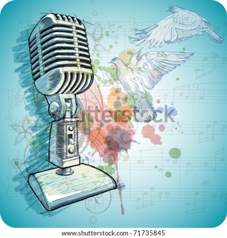 Microphone sketch, music sheets & flying doves on the color paint background of stylized ornament & orchid flowers. Eps10