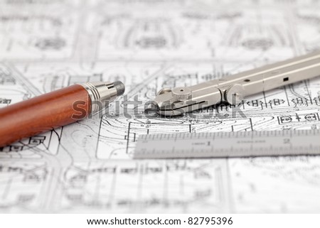 Architecture plan & work tools - ruler, pencil, compass