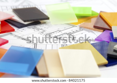 color samples of architectural materials - plastics,  and architectural drawings of the modern house
