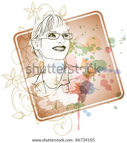 Young girl in glasses with a smile. Bitmap copy my vector ID 71103514