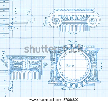 Blueprint - hand draw sketch ionic architectural order. Bitmap copy my vector ID 86211832