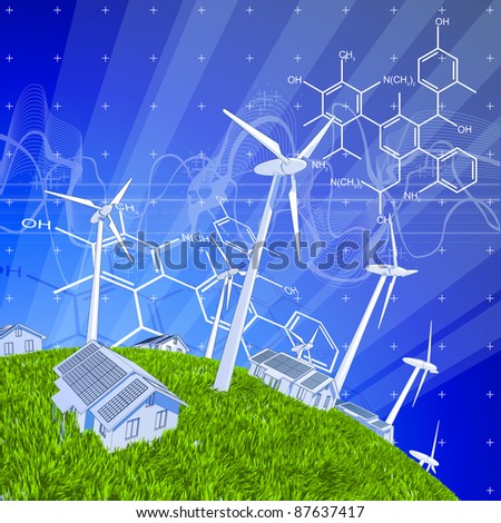 wind-driven generators, houses with solar power systems, blue sky, green grass & chemical formulas. Bitmap copy my vector ID 44217643