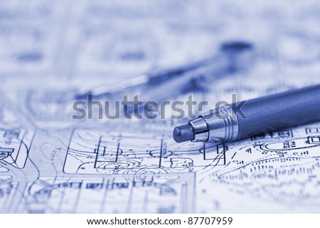 architecture blueprint & work tools - pencil, compass