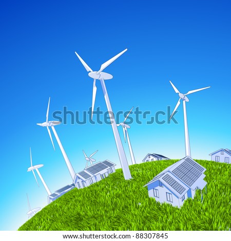Ecology concept: wind-driven generators & houses with solar power systems. Bitmap copy my vector id 14974234