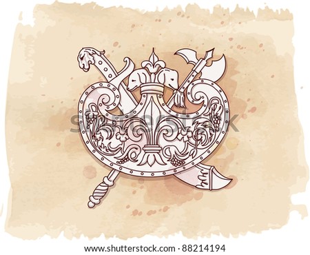 Vintage emblem - metope - hand draw sketch & watercolor background. Bitmap copy my vector id 87989032