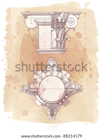 Chapiter- hand draw sketch composite architectural order & vintage watercolor background. Bitmap copy my vector id 87989053