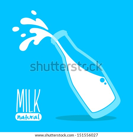 Pouring milk in a glass bottle on blue background, vector illustration