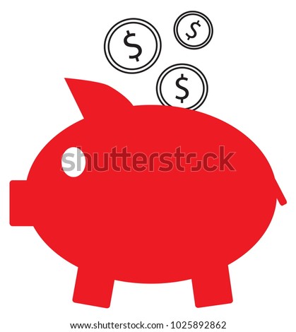 Dollar currency icon or logo vector on coins entering a piggy bank. Symbol for United States of America bank, banking or American finances