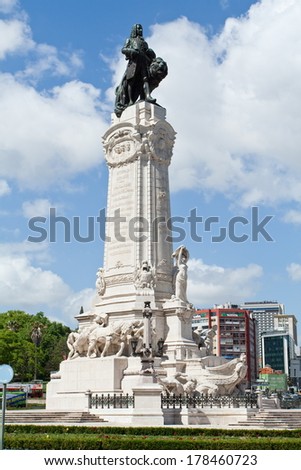 Lisbon, Portugal, May 12, 2013: Statue of the Marques do Pombal in the Roundabout with the same name in Lisbon. This roundabout has the highest number of car accidents in Portugal.