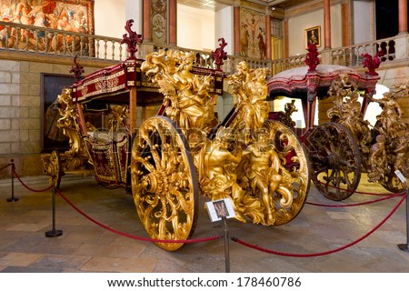 Lisbon, Portugal - June 18, 2013: - Pope Clement XI Embassy Coach (of the Oceans) - 1716 - National Coach Museum, the most visited museum in Portugal -