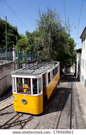 Lisbon, Portugal - May 26, 2013: Elevador da Gloria, the famous funicular connecting the Restauradores Square to the popular Bairro Alto District.