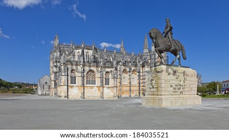 Batalha Monastery and Nuno Alvares Pereira statue. One of Portugal most important national heroes. Medieval noble and knight. Portugal. UNESCO World Heritage Site.