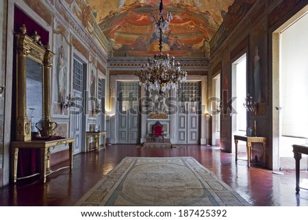 Mafra, Portugal - September 02, 2013: Throne Room or Audience Room. Mafra National Palace, Convent and Basilica. Baroque architecture.
