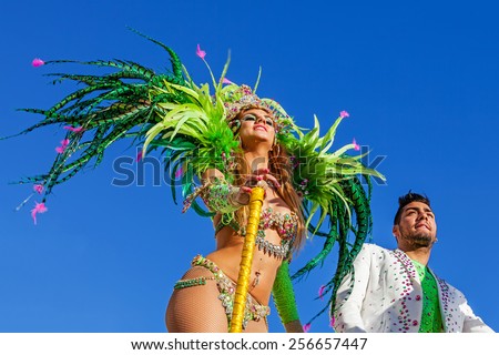 Sesimbra, Portugal. February 17, 2015: Liliana Antunes and Daniel Gregorio, stars from the Secret Story Reality Show, performing on top of a Float in the Rio de Janeiro Brazilian style Carnaval Parade