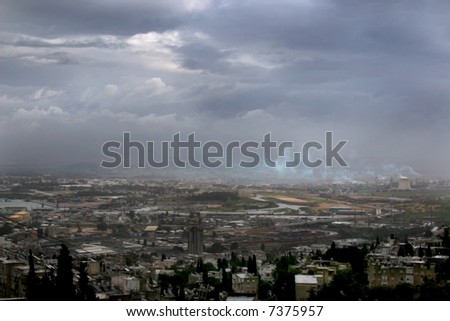Thunder-storm above city. Winter. Haifa