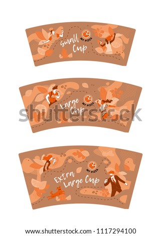 Set of coffee mug sleeves. Vector design of colorful carton coffee cup sleeves with creative print. Three size: small, large, extra large.