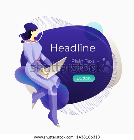 Woman in a spacesuit using a laptop over a modern abstract navy blue background. Vector template for web banners, media posts, advertises, marketing materials.   