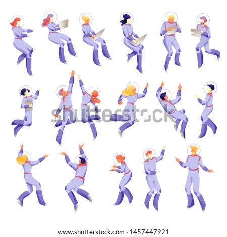 Space people characters in space suits. Floating working people set on white background. Business metaphor of working space. Isolated vectors.