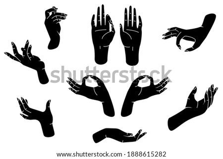 Hands silhouettes set in linocut style. Vector illustrations isolated on white background.