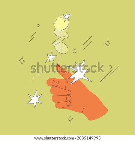 Hand flips or toss coin vector illustration isolated on a green background. Contemporary comic design. Making decision concept.