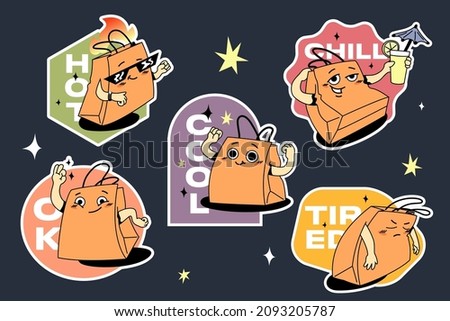 ADS sticker pack with funny brown paper bag character. Different poses vector mascot for marketing campaigns, promo materials, sales badges. Retro cartoon clipart.