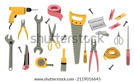 Construction tools illustrations set isolated on white background. Vector clipart of hammer, screwdriver, cutting knife, power drill, rope, pliers, hacksaw, wrench, scissors, medical plaster, 