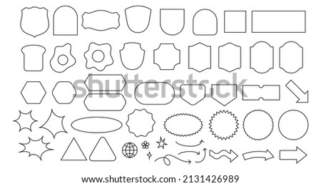 Simple sticker shapes editable line stroke isolated on white backdrop. Big collection of shapes with straight and rounded corners. Retro labels and arrows. Infographic and social media usage.