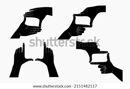 Hands in frame gesture black silhouette. Editable stroke vector set. Two hands frame cropping gesture. Taking photo focus frame shooting like camera. Flat design.